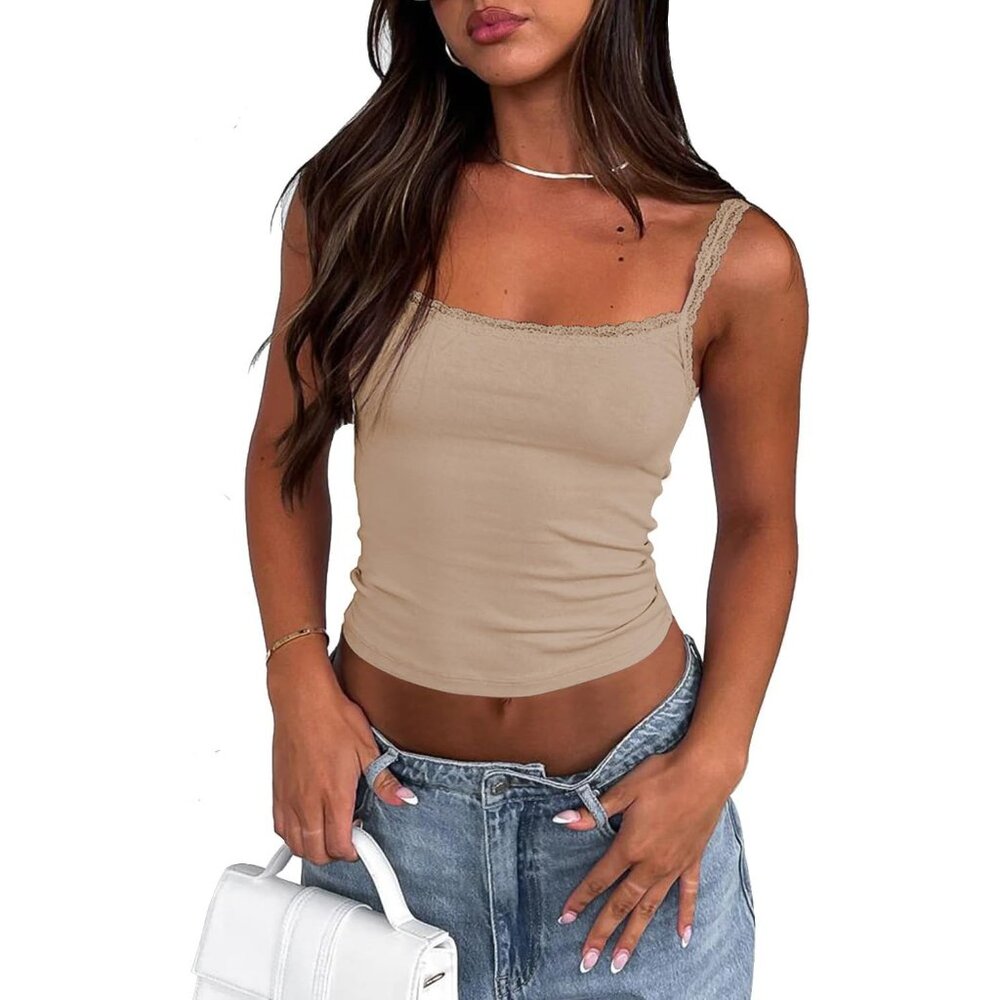 zhaistar Sleeveless Camisole Tank Tops for Women Y2K Spaghetti Strap Lace Trim